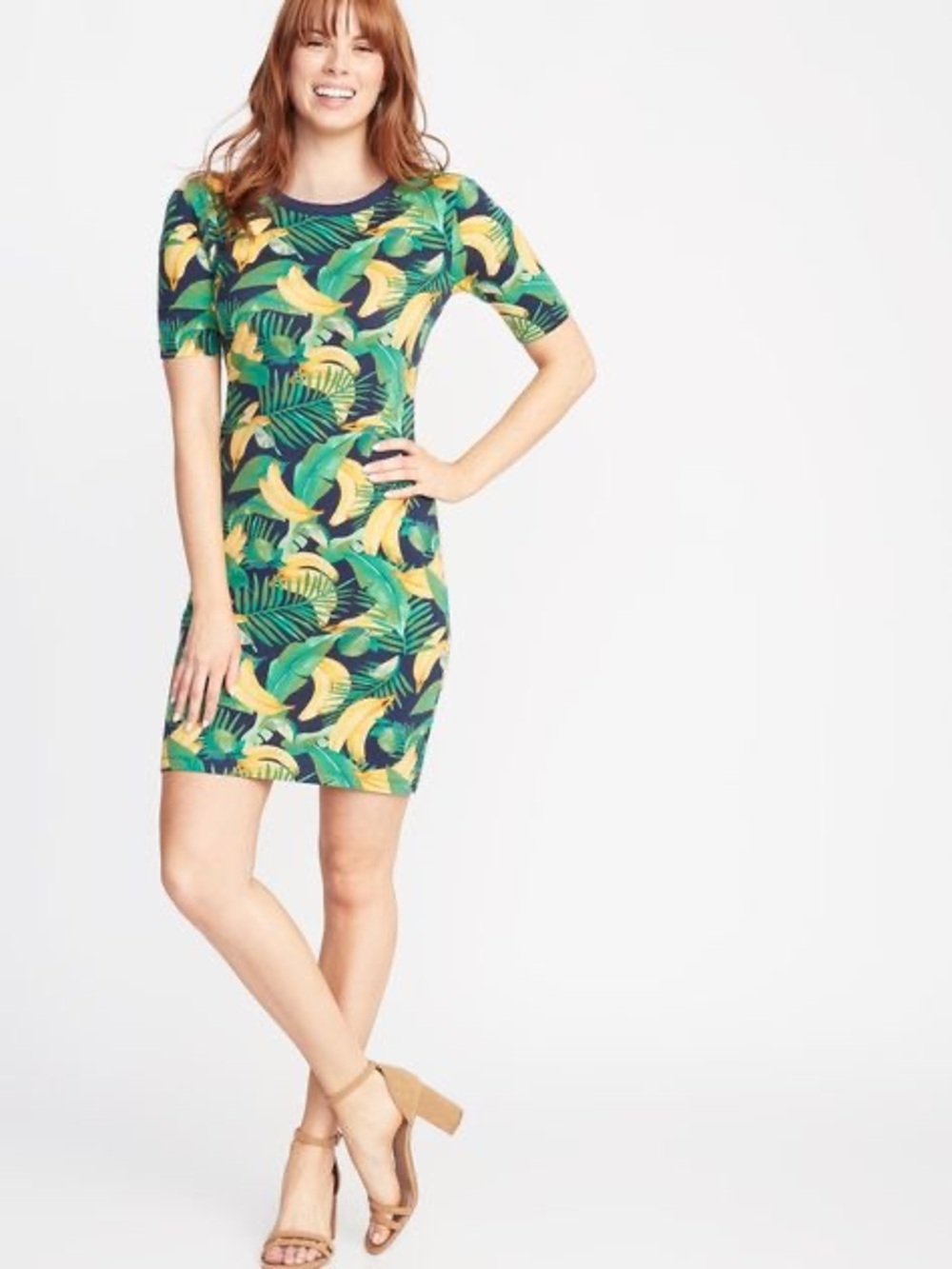 Old Navy Womens Banana Print Knit Short Sleeved Bodycon Dress L NWT